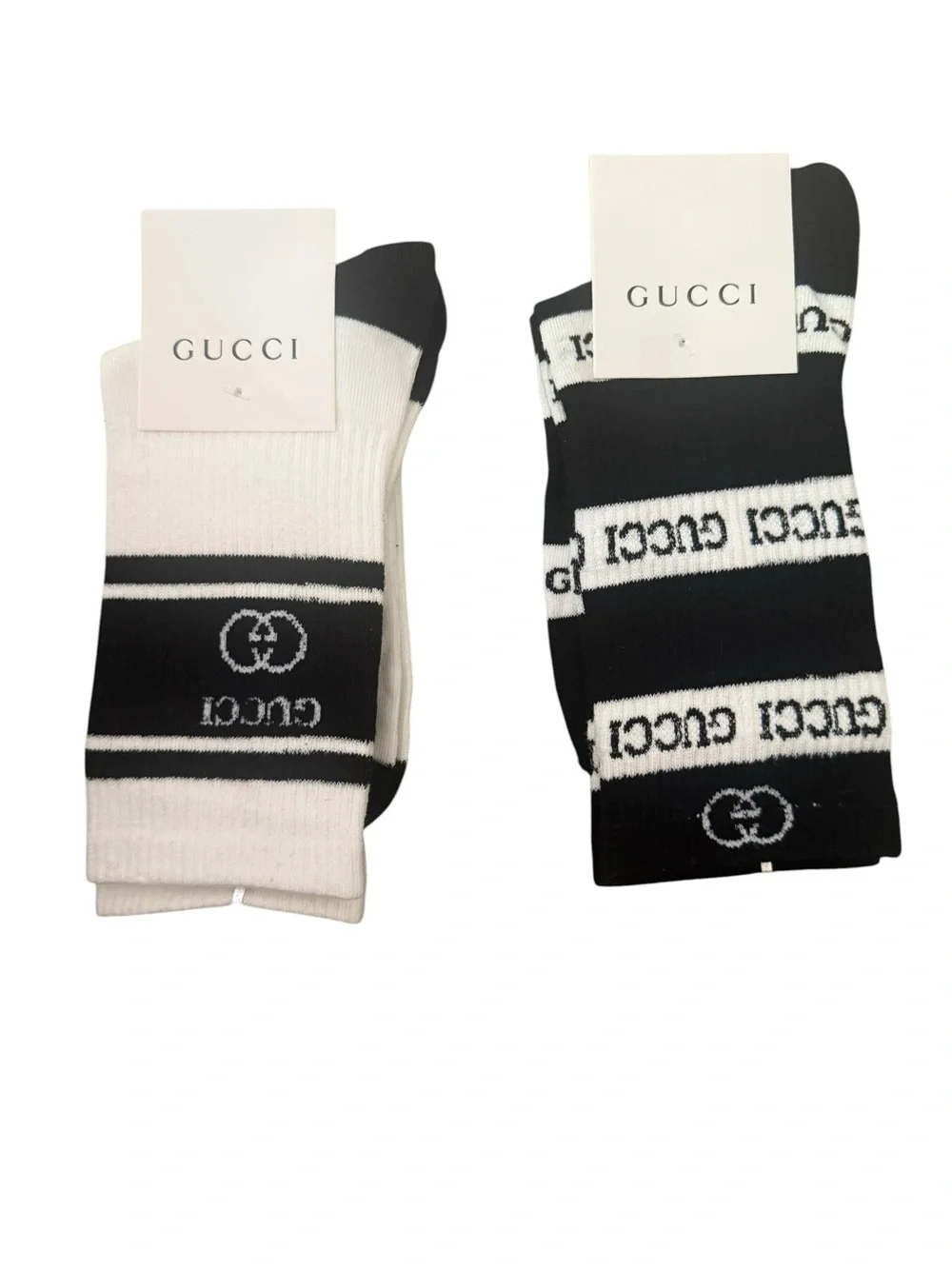 2 Pair Gucci Outlet Women’s Black & White Logo Crew Socks - Pack of 2